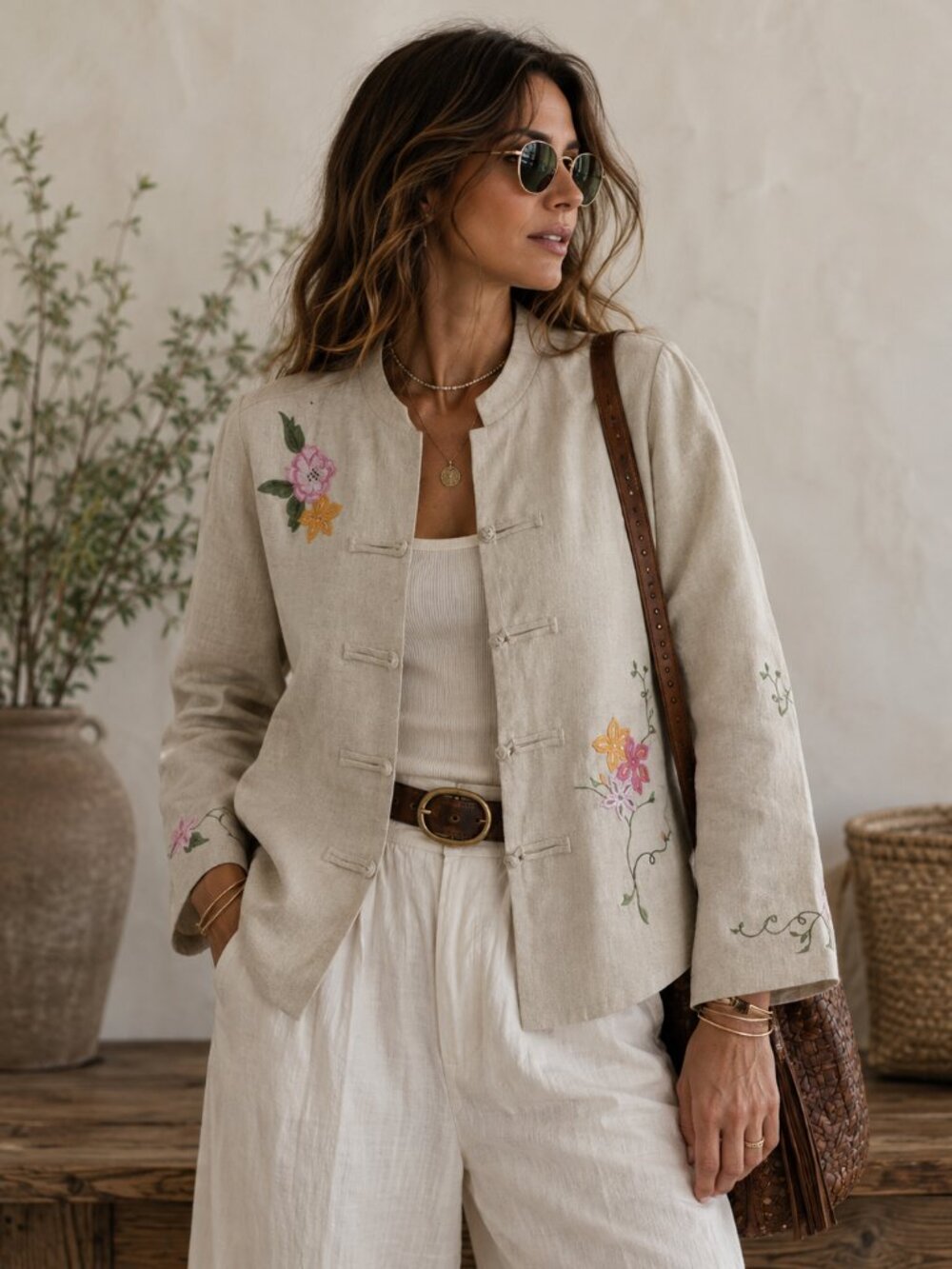 Relativity Natural Linen Embroidered Jacket Size‎ 14 Frog Button Floral Boho